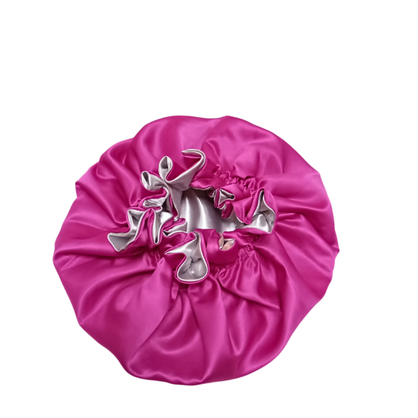 100% Silk Bonnet- Reversible Ruffle-Silver/Pink - Image 4