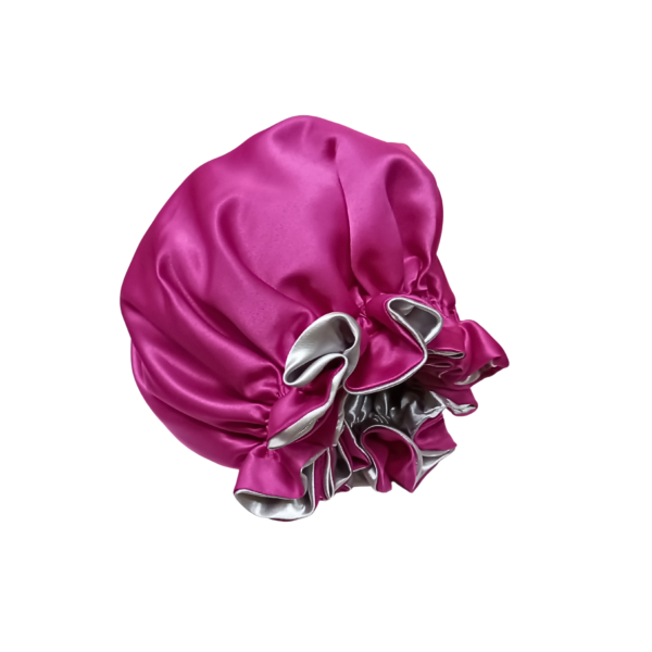 100% Silk Bonnet- Reversible Ruffle-Silver/Pink