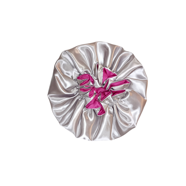 100% Silk Bonnet- Reversible Ruffle-Silver/Pink - Image 5